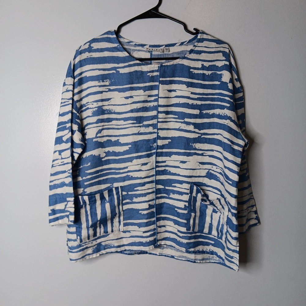 Habitat Linen Blouse Womens Size S Blue White Abstract Boxy Lagenlook Artsy